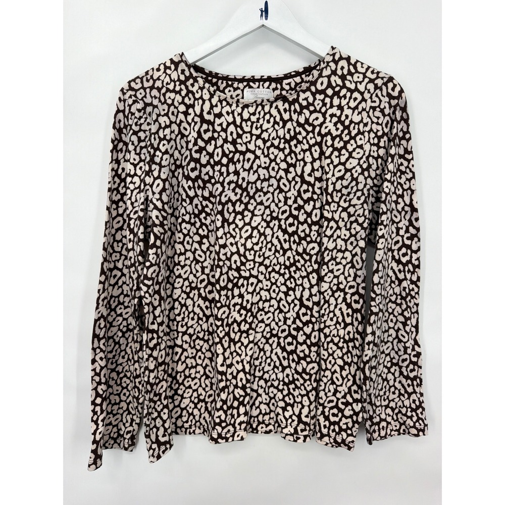 Charter Club Luxury Pima Cotton Leopard Print Long Sleeve Top XL Brown Cream